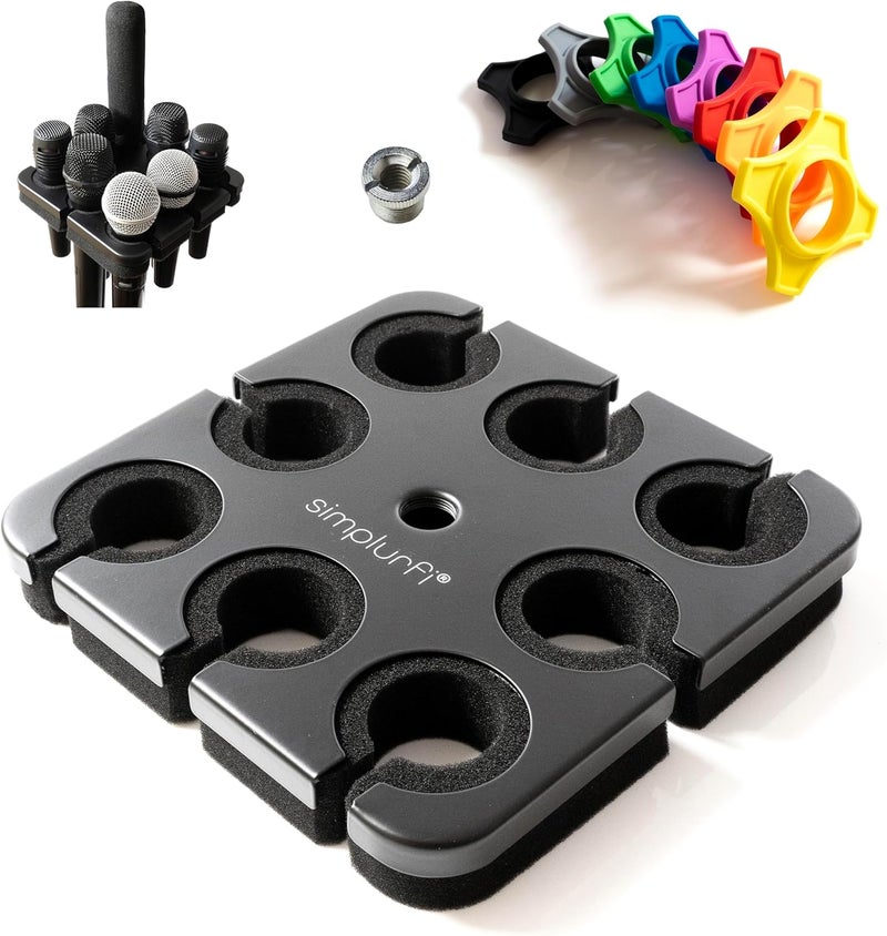 Simplurfi Multi Microphone Holder For Mic Stand - Square Tray Attachment holds up to 8 mics On Stage Organizer and Display - 8 Anti-roll Rings Included - Image 1